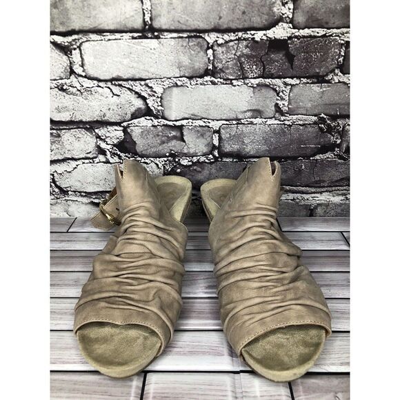 Earthies Earth Santo Taupe Suede Leather Peep Ankle Wedge Booties Women sz 10B - Picture 5 of 16